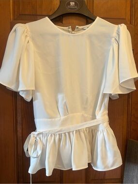 Express White Tie-Waist Peplum Blouse with Flutter Sleeves